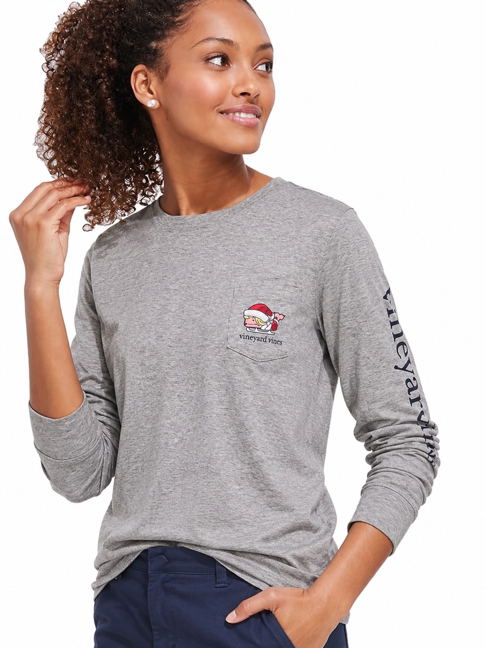 Vineyard Vines Heather Gray Long-Sleeve Pocket Tee with Nautical Logo